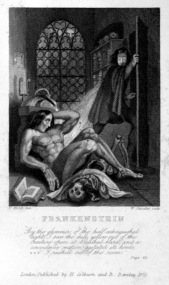 Frankenstein observing the first stirrings of his creature. Engraving by W. Chevalier after Th. von Holst, 1831. Credit: Wellcome Collection.